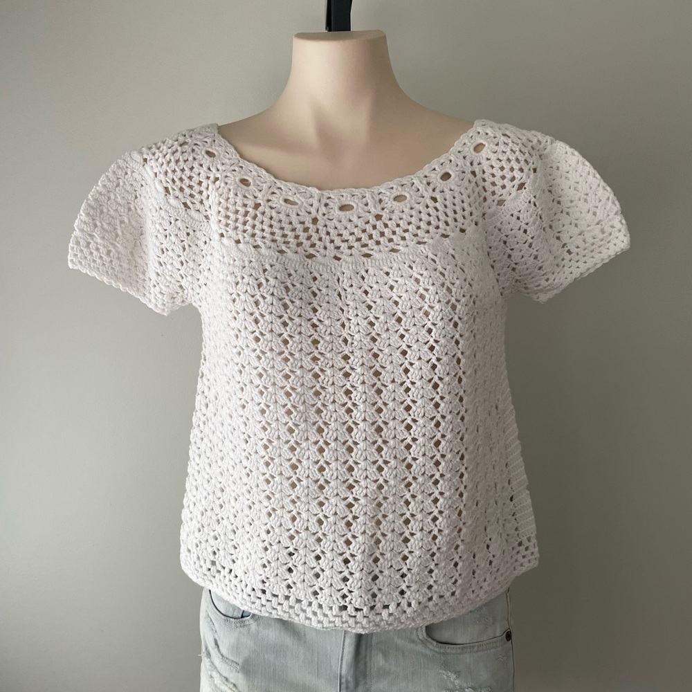 JF Crochet Knit Cottagecore Cropped Short Sleeve Sweater White Crop 100% Cotton